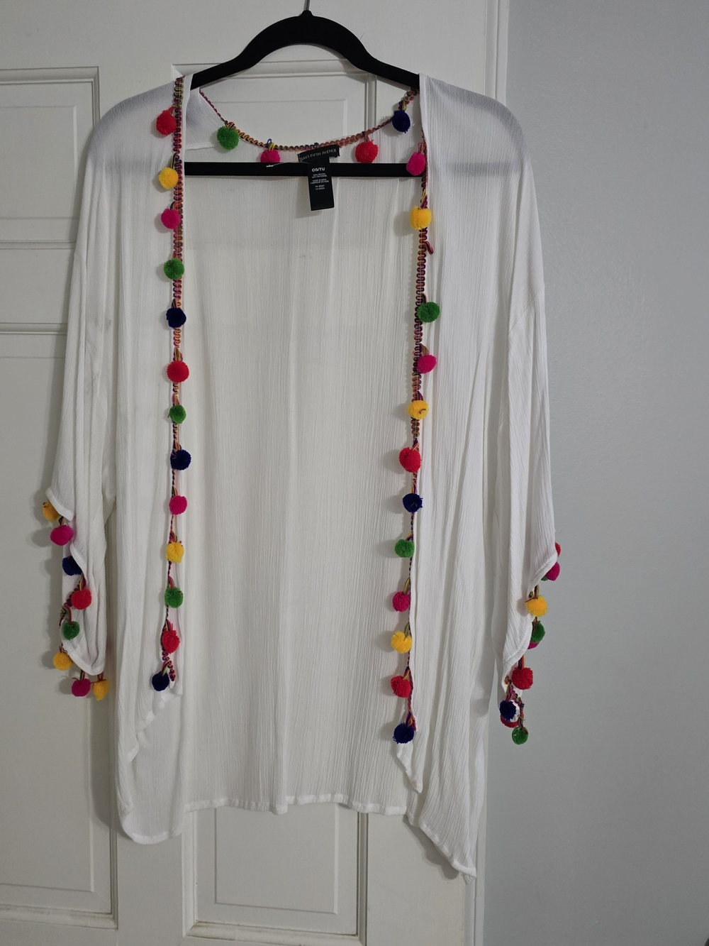Saks Fifth Avenue White Open Kimono with Multicolor Pom Trim